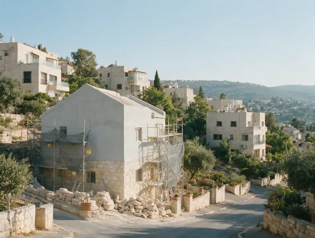 שכונת מגורים על מדרון בצפון, בית בשיפוץ עם פיגומים וטיח חדש