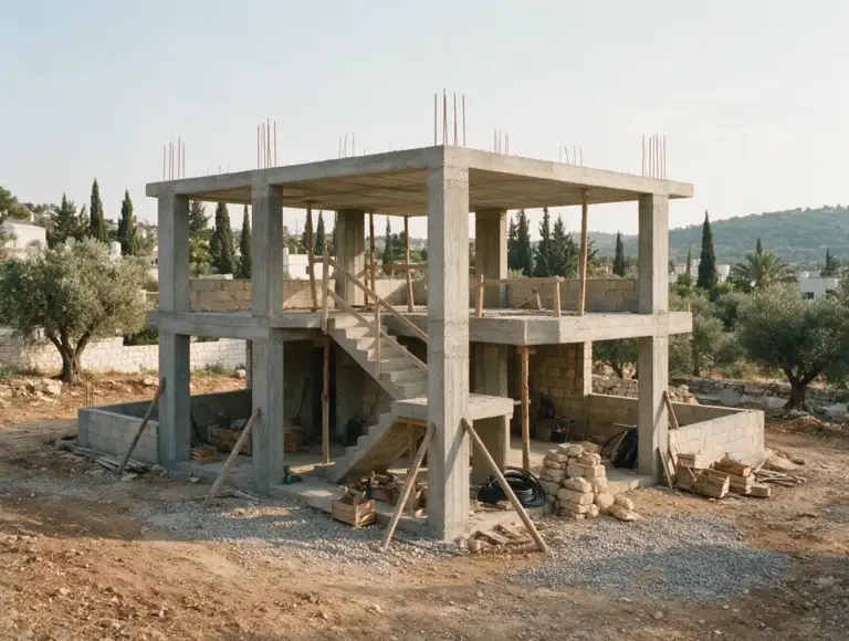 שלד בטון של בית פרטי בן שתי קומות בבנייה, עמודים ותקרות יצוקים